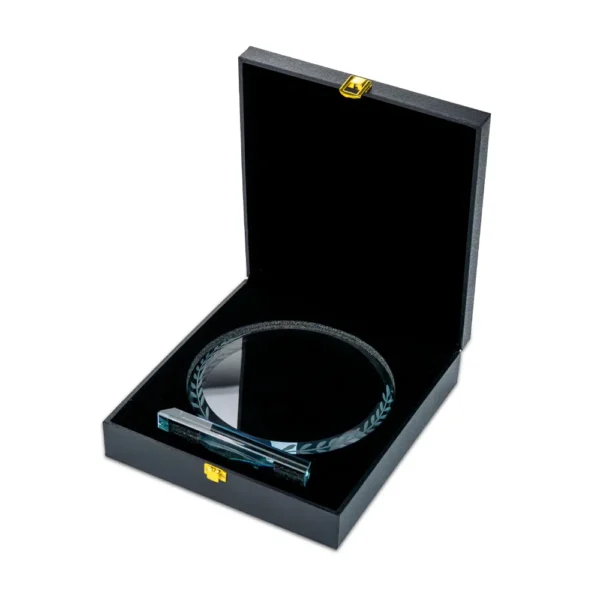 Round Clear Crystal Awards with Engraved Leaves in Premium Box